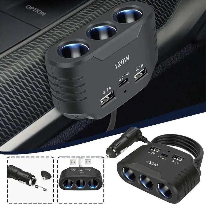 120W Car Charger Splitter – Fast Charging Multi-Port Power Adapter